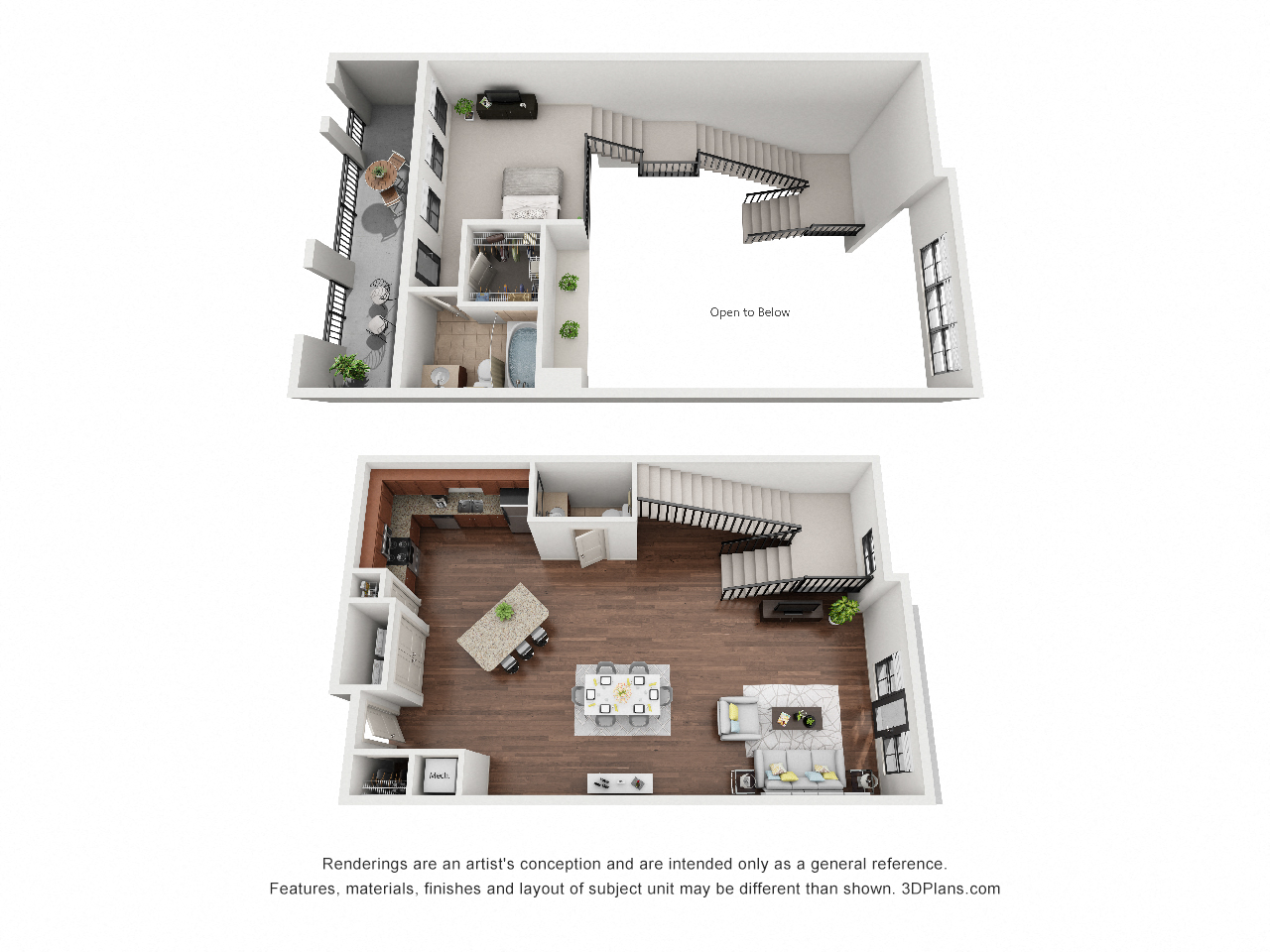 Floor plan for 1 bed, 1.5 baths, 1241 sqft